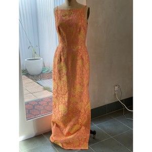 VTG David Meister Y2K Brocade Peach Floral Sleeveless Fitted Gown Couture SZ 6